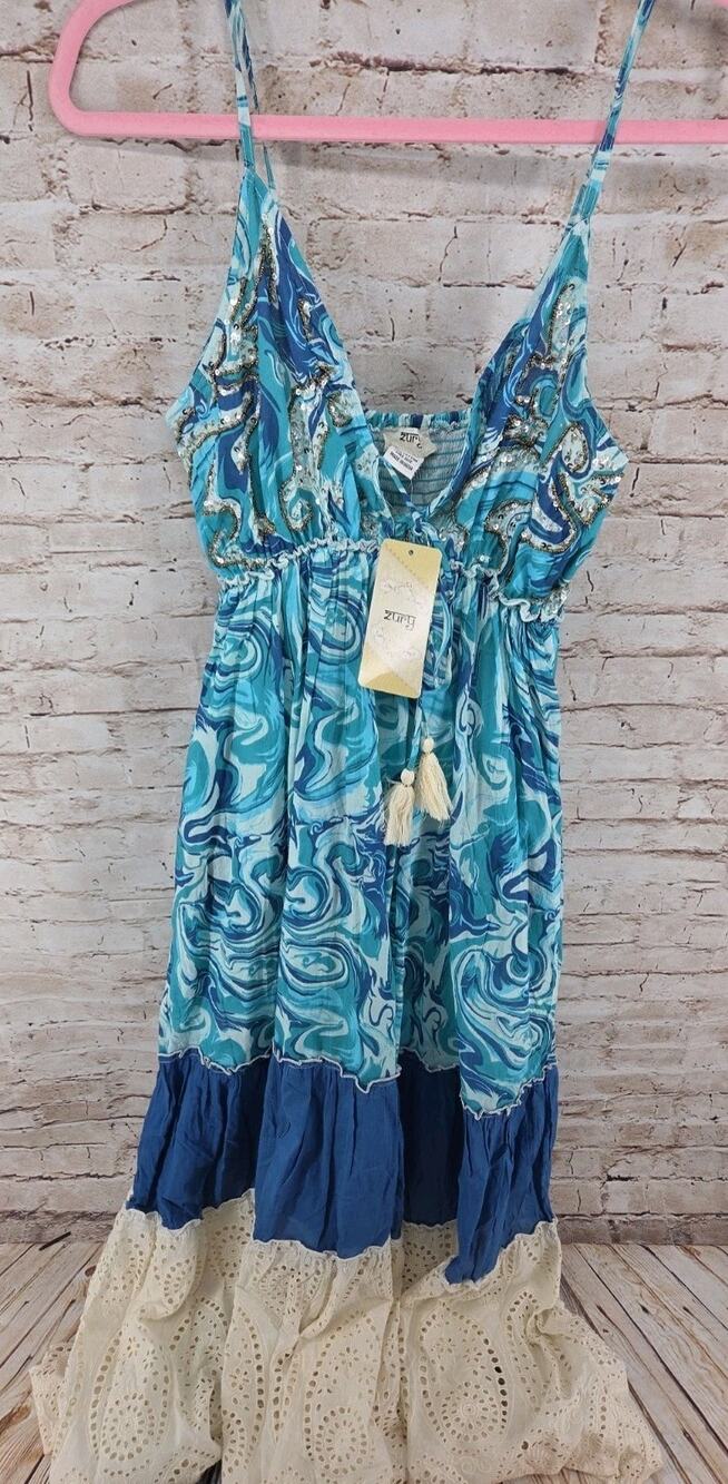 Zury Boutique Boho Dress Beaded Size One Size To Large Blue V-Neck Sleeveless